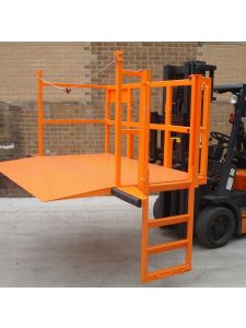 Forklift access platform with safety rails and step entry, designed for secure lifting of personnel during high-level maintenance tasks