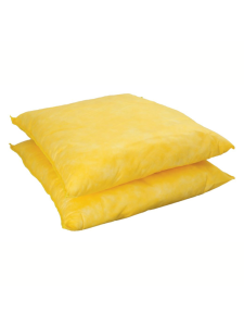 Yellow oil absorbent pillows stacked together for effective spill control and leak containment in industrial environments.