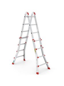 Multi-position aluminium ladder with red safety feet in A-frame position.
