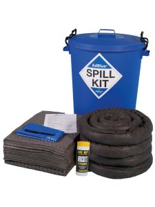 Blue oil and fuel spill kit in container with absorbent pads, socks, and accessories for spill control