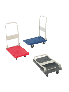 Three platform trolleys in red, blue, and silver, each with a foldable handle and four castor wheels.