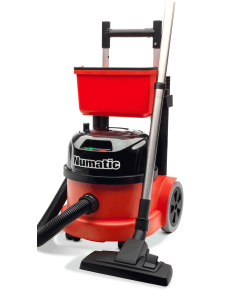 Red Numatic vacuum cleaner with integrated cleaning caddy and floor tool.
