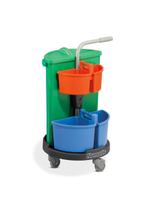 Commercial cleaning trolley with colour-coded buckets and wringer for professional janitorial use.