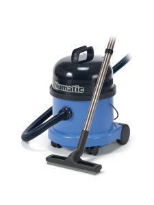 Blue Numatic vacuum cleaner with hose and floor tool attached.