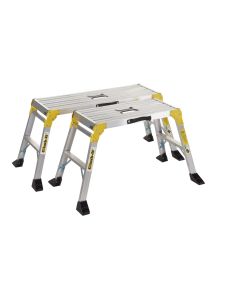 Folding aluminium work platform with yellow safety legs fully extended.