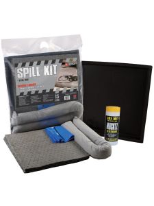 Compact spill kit with absorbent pads, absorbent socks, and cleaning accessories for oil and fuel spill control – portable spillage kit in clear carry bag.