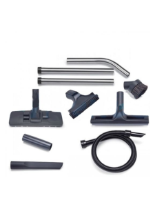 Full vacuum accessory kit including hoses, extension tubes, floor tools, and nozzles.