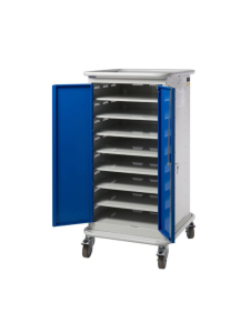 Mobile device charging cabinet with blue lockable doors and multiple internal charging shelves on castors.
