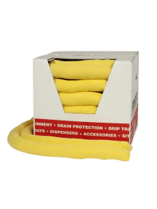 Boxed yellow absorbent socks for oil and liquid spill containment in industrial environments