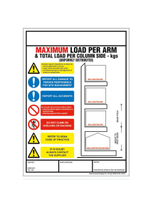 Maximum load per arm warehouse racking safety sign showing load limits, warning symbols and rack configuration diagrams.