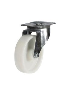 White nylon swivel castor wheel with steel mounting plate for trolleys and industrial equipment.