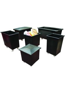 Heavy-duty plastic mobile container trucks with castor wheels – bulk storage and waste handling trucks for warehouses, factories, and industrial use.