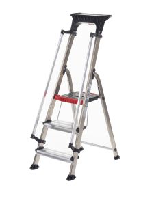 Aluminium step ladder with safety rail and red tool tray.