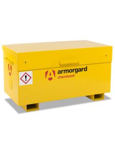 Closed yellow Armorgard hazardous storage box with warning labels