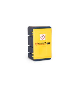 Closed Armorgard hazardous storage cabinet with yellow door and warning label