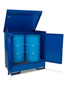 Armorgard blue bunded drum storage cabinet with two 205L oil drums inside