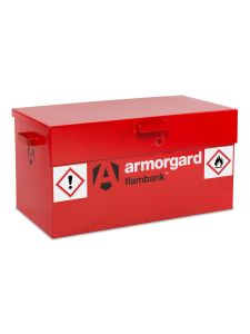 Armorgard FlamBank red hazardous storage box for flammable liquids with safety warning labels