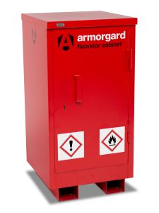 Armorgard FlamStor red flammable storage cabinet with safety warning labels for hazardous materials