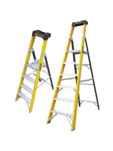 Climb-It yellow and silver step ladder with black top platform.