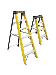 Set of three yellow and silver step ladders in different sizes.