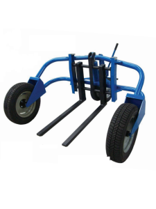 Blue pallet truck with pneumatic wheels and dual forks, designed for moving pallets and loads across uneven outdoor surfaces.