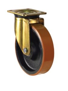 Polyurethane industrial castor wheel with gold steel bracket, designed for heavy-duty trolley applications.