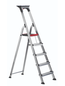 Aluminium step ladder with safety rail and red tool tray.