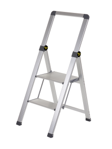 Lightweight aluminium folding step ladder with two wide steps and safety rail.