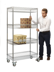 Chrome wire shelving unit on castor wheels with three adjustable shelves, shown with man loading boxes for easy mobile storage