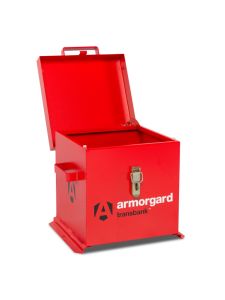 Armorgard TransBank red hazardous storage box with open lid for flammable liquids