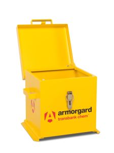 Armorgard TransBank Chem yellow chemical storage box with open lid for hazardous substances