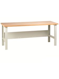 Heavy-duty steel workbench with solid wooden worktop, ideal for industrial and workshop use.