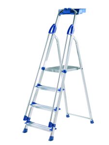 Aluminium step ladder with blue safety rail and tool tray.