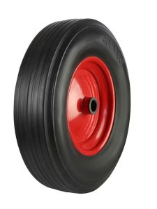 Red steel centre wheel with black solid rubber tyre, ideal for sack trucks, barrows, and industrial trolley applications.