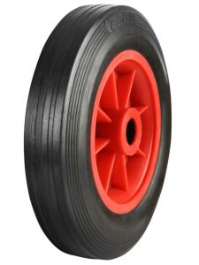 Black solid rubber tyre with red polypropylene centre, designed as a durable replacement wheel for sack trucks, barrows, and trolleys.