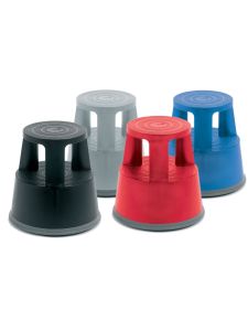 Four coloured plastic kick steps in black, grey, red, and blue for safe and easy access to high shelves.