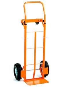 Heavy-duty orange sack truck with large wheels and strong steel frame for easy transport of boxes and goods