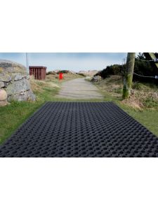 Outdoor pathway covered with heavy-duty rubber ring mat – slip-resistant ground protection matting
