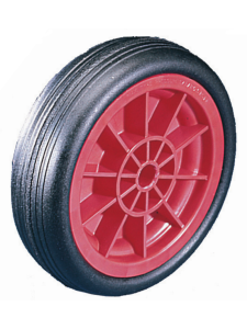 Red polypropylene centre wheel with black solid rubber tyre, designed for trolleys, barrows, and industrial equipment.