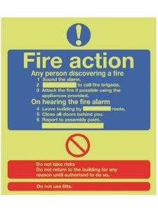 GPC Fire Action Instructions Photoluminescent Sign - Pack of 10