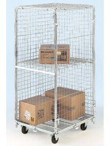 Mesh roll cage trolley with lockable door and two shelves, used for secure storage and easy transport of boxed goods in warehouses and retail.