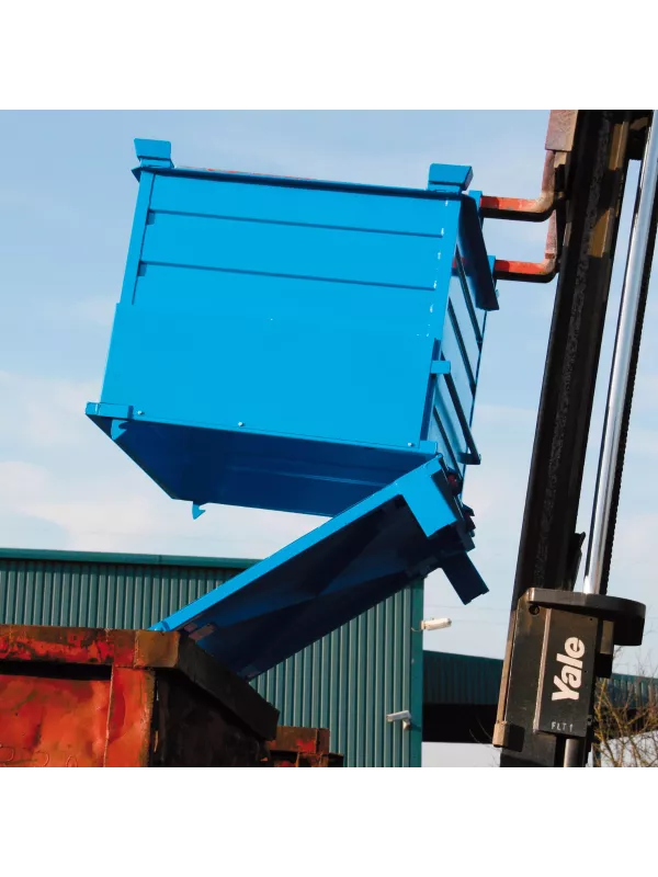 Forklift tipping bin in use for controlled waste discharge