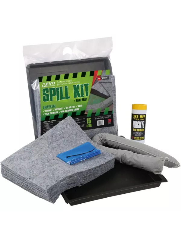 Portable spill kit in clear bag with absorbent pads, socks, and spill control accessories for oil and chemical spills