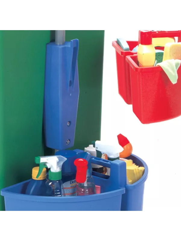 Close-up of cleaning trolley bucket system showing secure fittings and vertical frame.