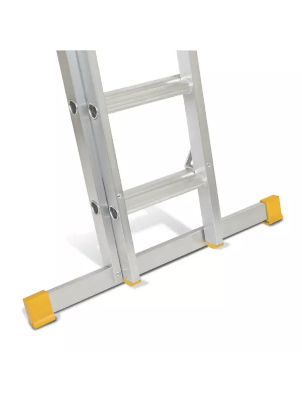 Close-up of ladder base with stabiliser bar and yellow end caps