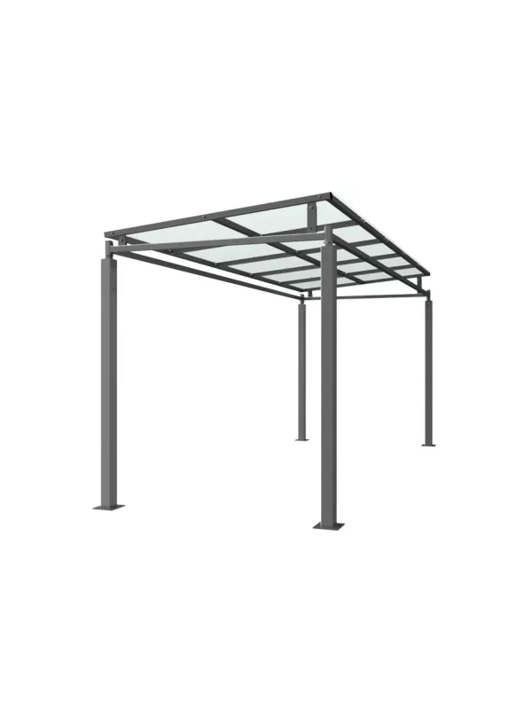 Steel outdoor canopy shelter with four-post frame and clear roof panels – weather protection for workplaces, schools, and public areas.
