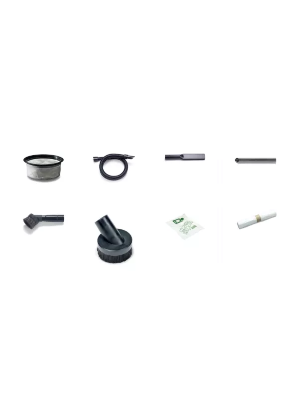 Set of assorted vacuum cleaner accessories, including brushes, filters, wands, and hose fittings.
