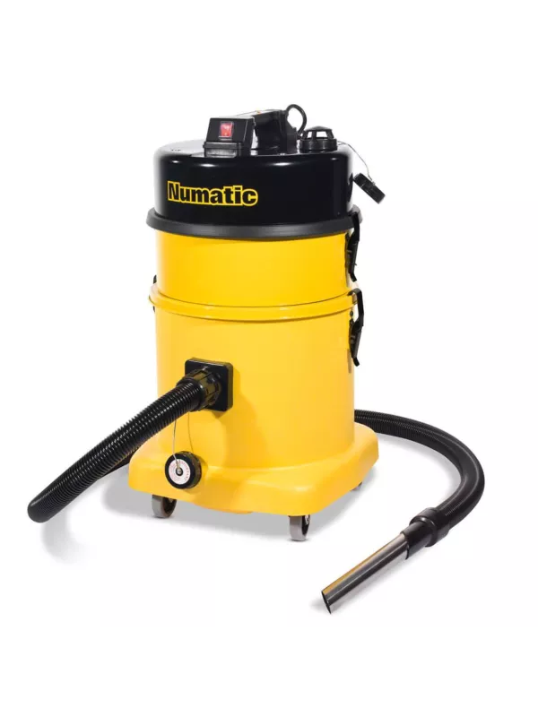 Yellow Numatic industrial vacuum cleaner with hose and metal probe attachment.