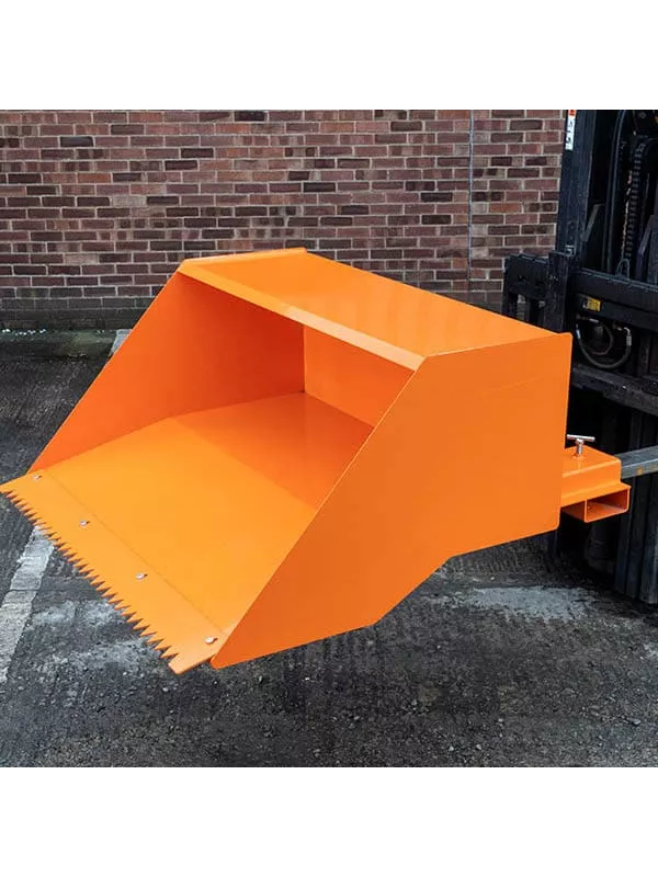 Heavy-duty orange forklift scoop attachment with reinforced design for safe material loading and handling.