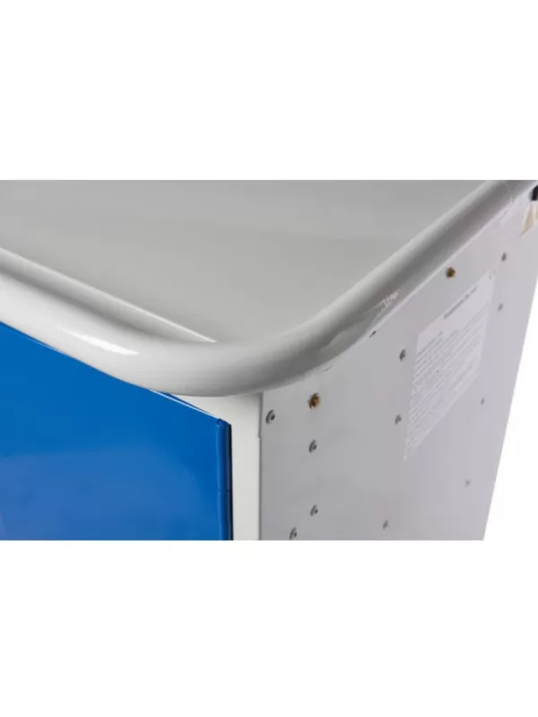 Detail of reinforced corner and smooth top surface on mobile charging cabinet.